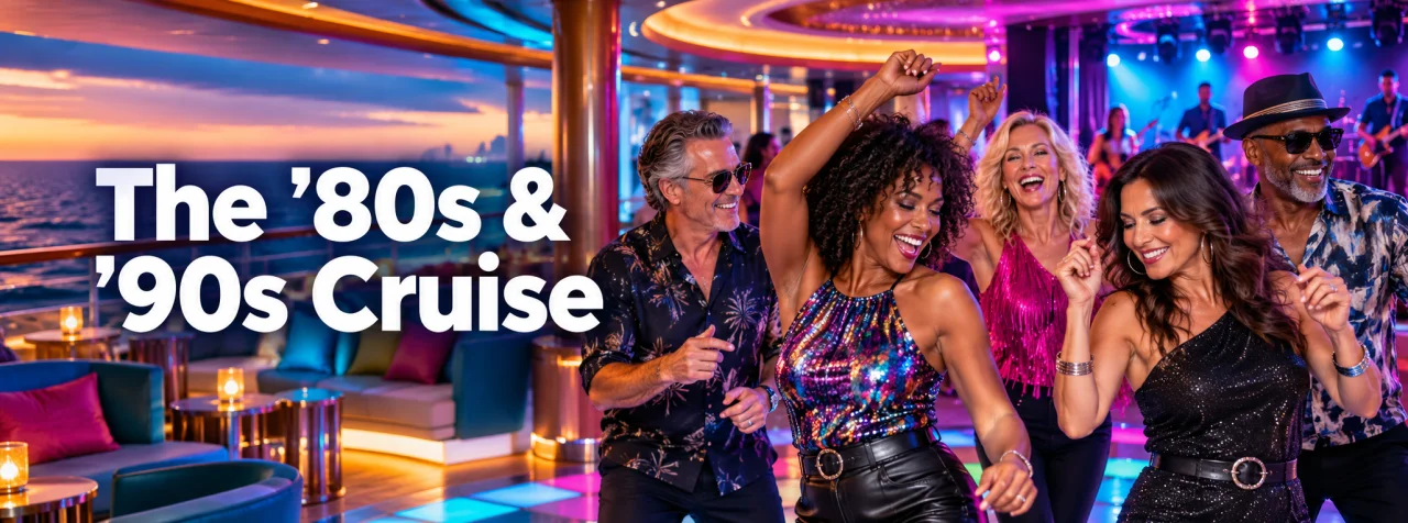 The ’80s & ’90s Cruise header The ’80s & ’90s Cruise: adults dancing together in a colorful cruise lounge